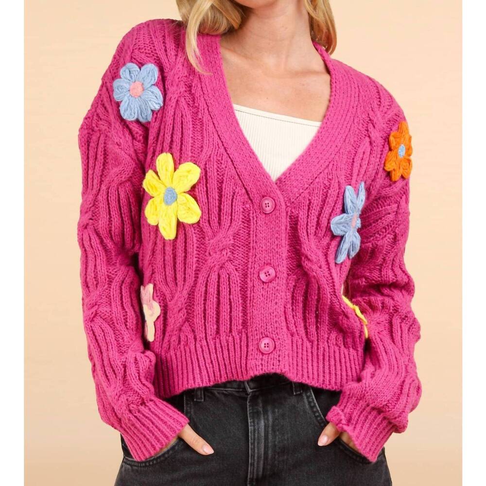 NEW VERY J statement flower cardigan in pink - Picture 3 of 6